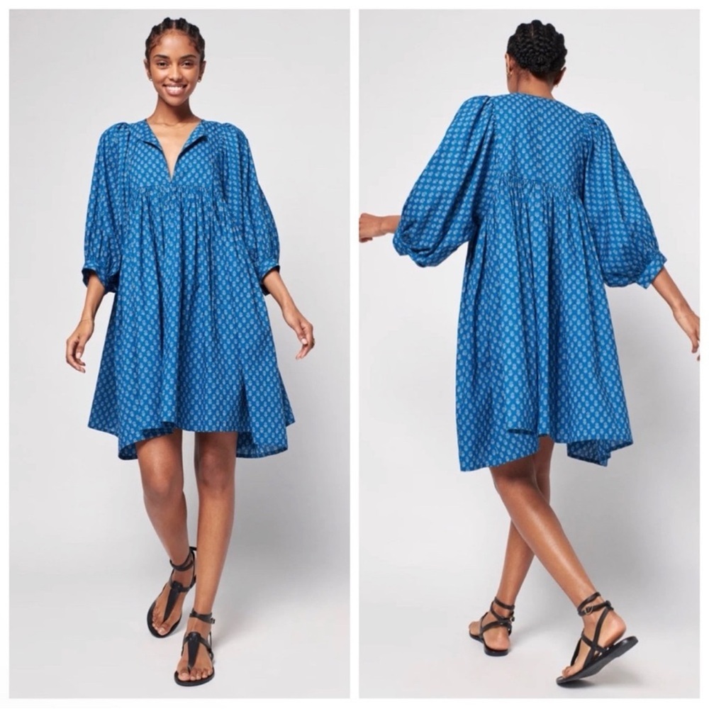 Faherty Lyla Organic Cotton Mini Dress in Indigo Gobi Floral Size XS